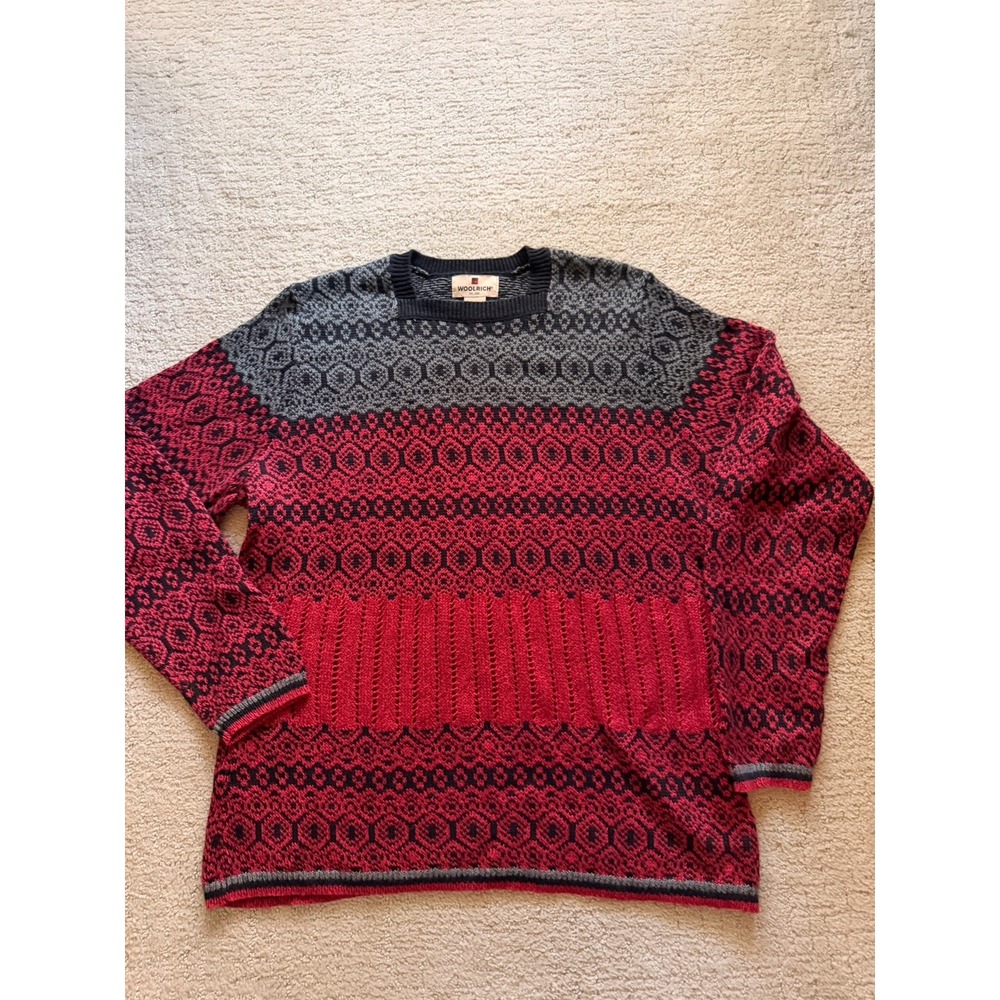 Woolrich Fair Isle Sweater Women's L Ruby Red Grey Ramie Cotton Knit Crewneck